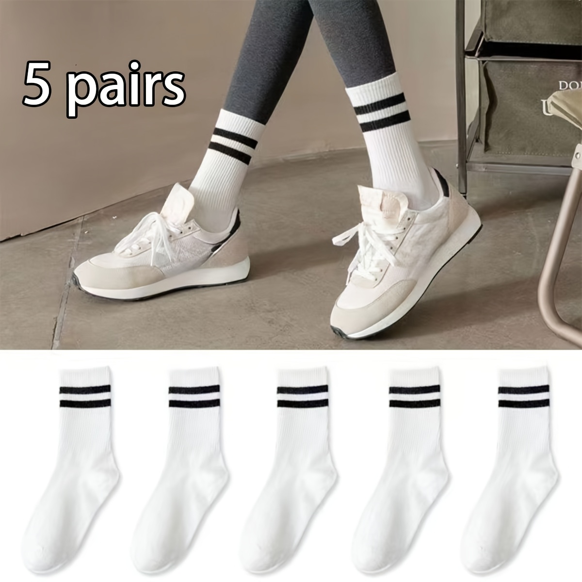 E-shop 5 Paar Gestreifte Lange Sportsocken, Schweißabsorbierend und Atmungsaktiv, Verschleißfest, Geeignet für Outdoor Wandern Camping Freizeit Sport,