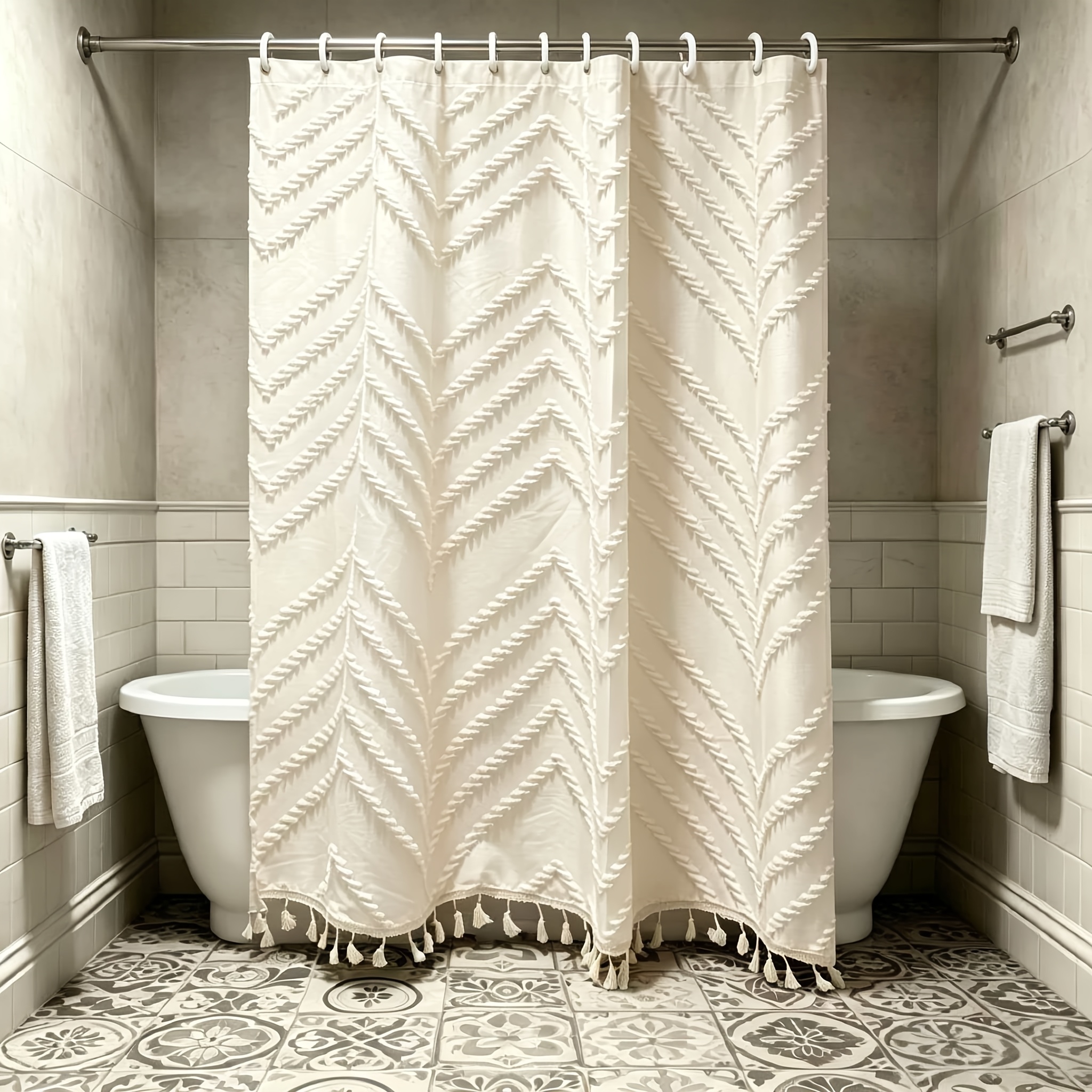 1pc Bohemian Style Tassel Shower Curtain, Jacquard Fabric, Bathroom Partition Curtain, With 12pcs Hooks, Home Decor
