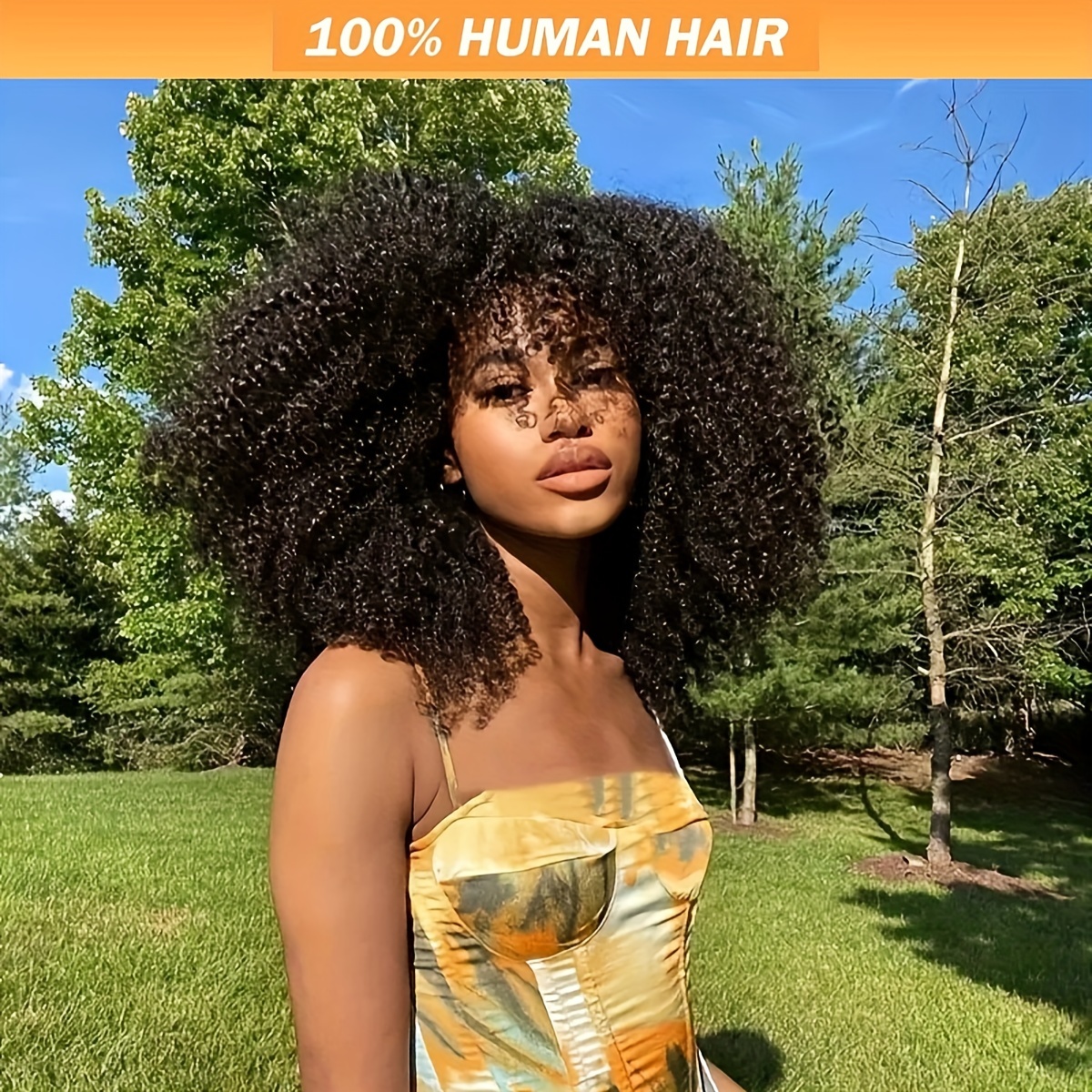 TEMU Afro Curly With Bangs Human Hair Wigs Brazilian Virgin Afro Curly None Lace Front Wigs Human Hair Bangs Glueless Half Machine Made Wig Color 180% Density