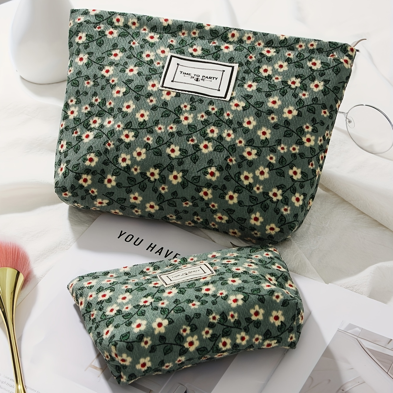 Image of This -piece Set Features A Easy Floral Print And A Cute Cartoon Design, Perfect For Storing And Keys. Corduroy Clutch Is Spacious Enough For Cosmetics