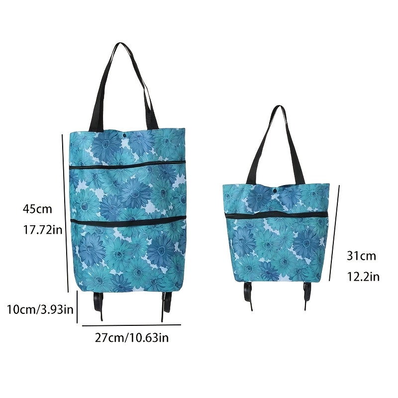 1pc foldable shopping cart tote bag with wheels portable grocery trolley handbag large capacity lightweight supermarket cart waterproof oxford fabric smooth zipper hand strap wear resistant roller ideal for shopping and storage details 1