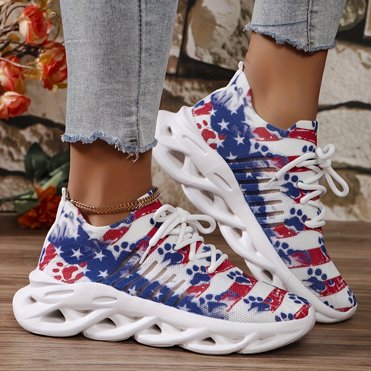 

Women's Fashion Sneakers, Casual American Flag Print With Breathable Mesh - Comfortable Athletic Running Shoes For Independence Day