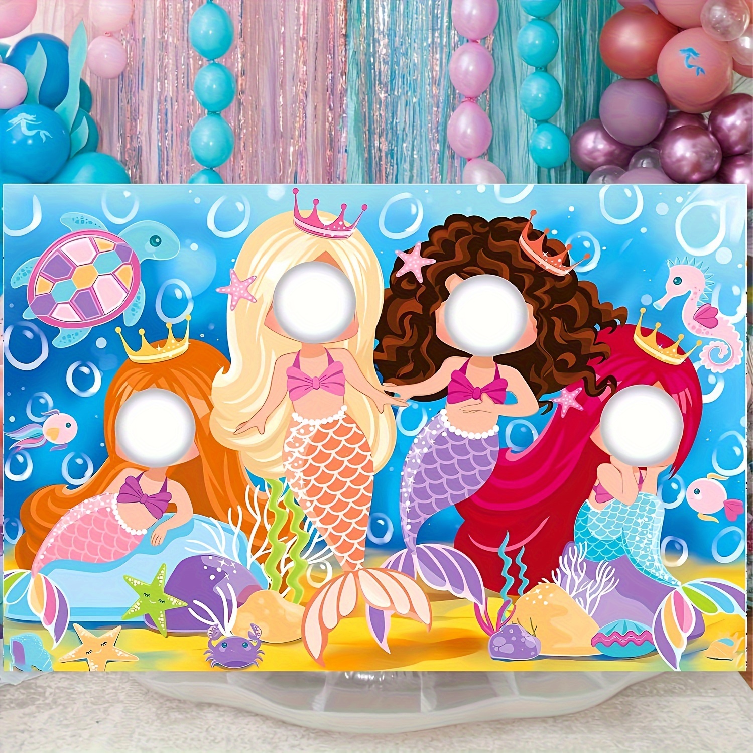 

Mermaid Themed Party Photo Booth Backdrop, Vinyl Mermaid Princess Cutout Stand-in Prop For Birthday And Event Decoration - No Electricity Required