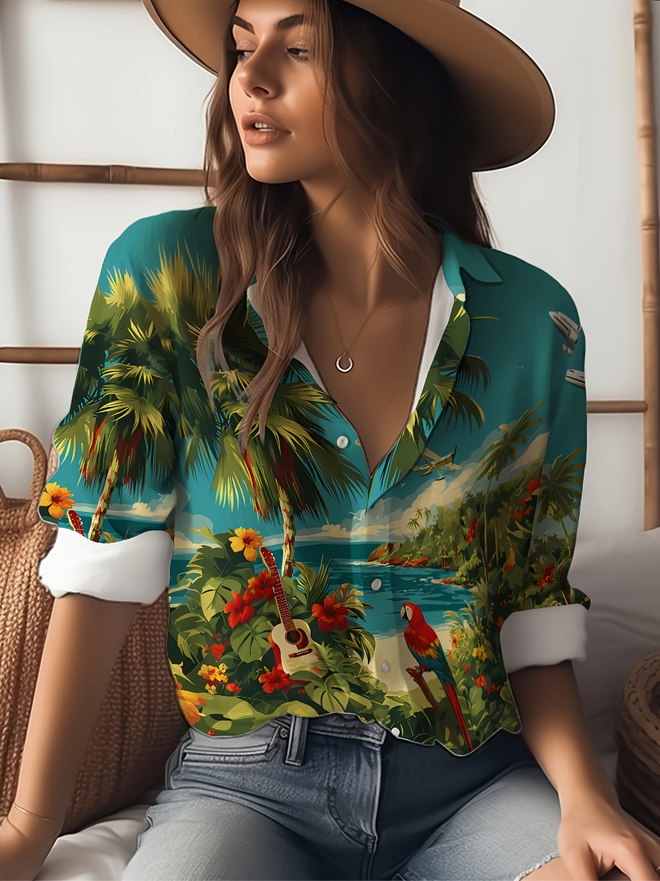 camisa larga estampado tropical mujeres tela poliéster Temu Panama