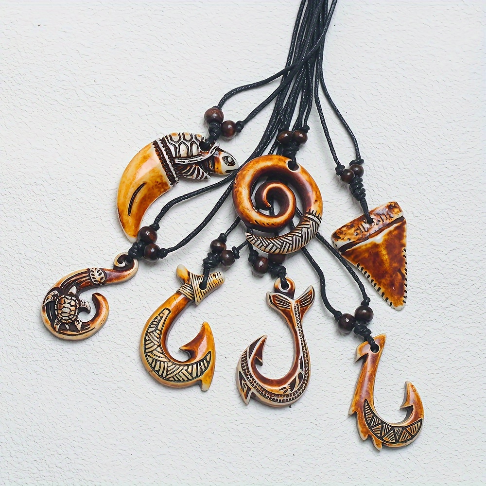 Image of 7pcs Vintage Resin Fish Hook Pendant Necklace Set - Adjustable Retractable Rope, Fashion Accessory For Daily Wear & Vacation