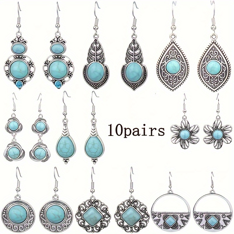 

10 Pairs/set Vintage Turquoise Dangle Earrings Geometric Turquoise Pendant Ear Jewelry Vacation Style Drop Earrings For Women Daily Outfits Party Accessories Tribal Jewelry