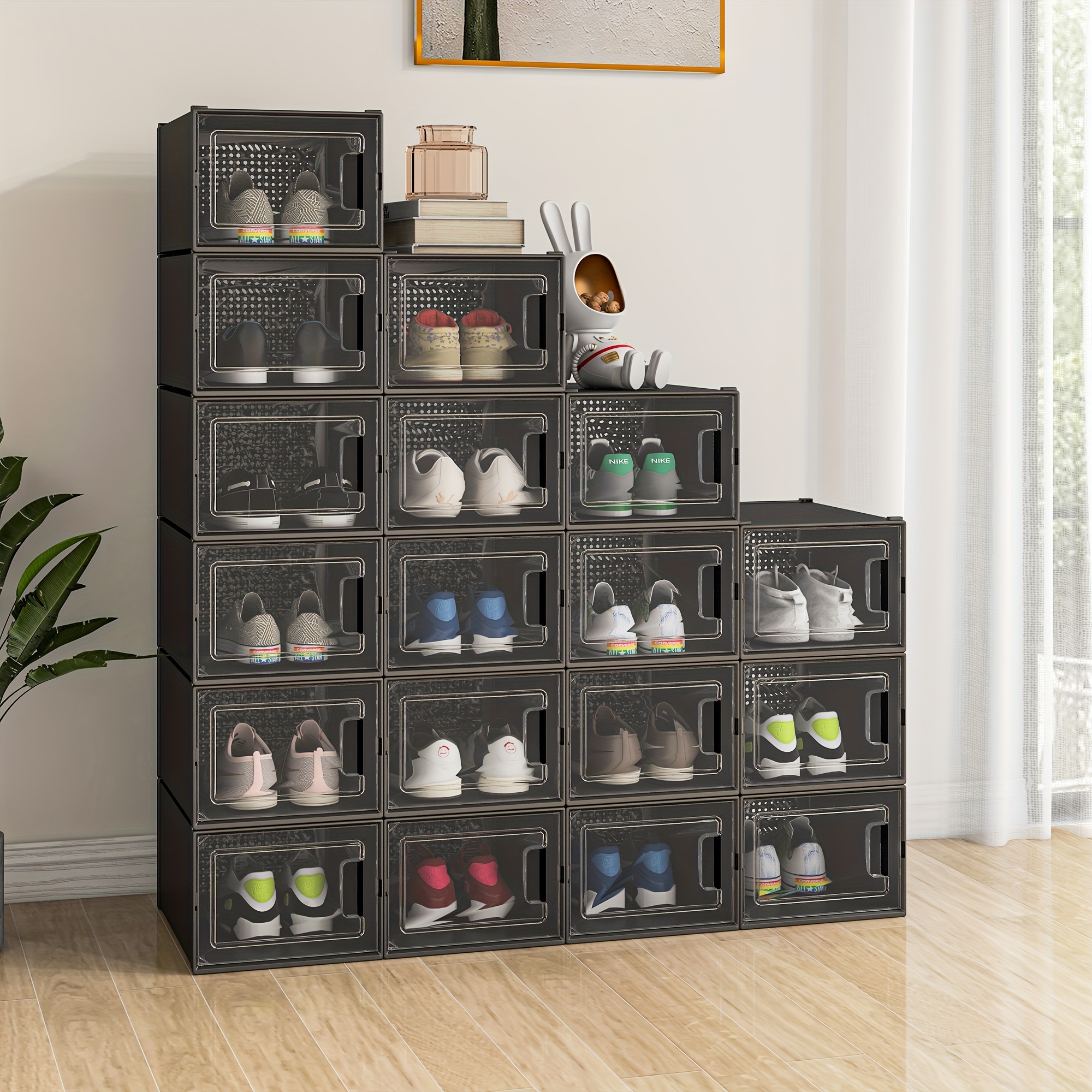 

Dwvo Stackable Shoe Storage Organizers And Containers - 18 Pcs Medium Size Boxes With Drawers - Black