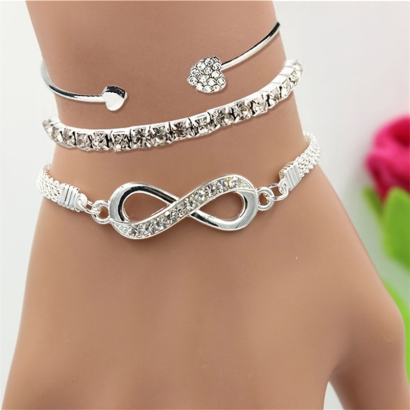 

3pcs Vintage Elegant Jewelry Set, Infinity & Heart Open Cuff Bracelets With Accents, Alloy, & Parties, Anniversary & Birthday Gift For Women