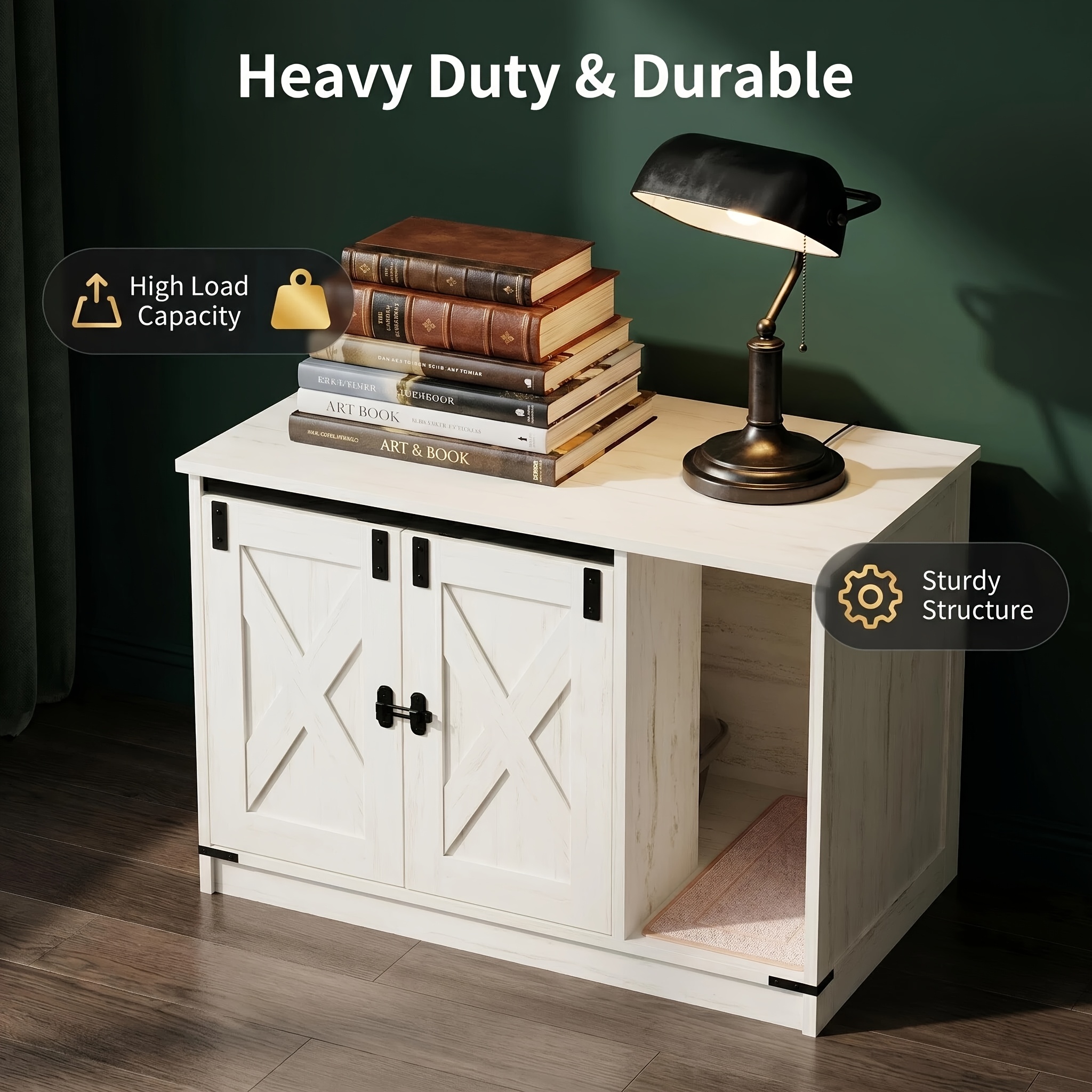 Image of Universal Pastoral-style Cat Litter Box For Bedrooms And , With A Hidden Litter Box And Play Bell; White Wooden Pet Storage Cabinet With Curved Entrance