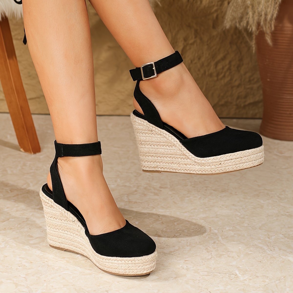 thumbnail image 2 of Platform Closed Toe Sandals For Women 2025 Dressy Summer, Women's Elastic Ankle Strap Espadrille Wedge Sandals Platform Lace Up Casual Shoes( Black 2 of 12