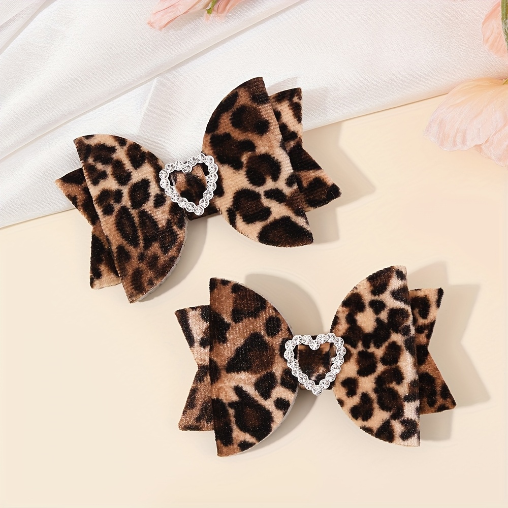 Image of 2pcs Cute Leopard Print Bow Hair Clips For Womens - Mini Handmade Barrettes With Glitter Leopard (//tan), Animal-themed Hair Accessories For Braids, Ponytails, Parties,, Wear, Gifts