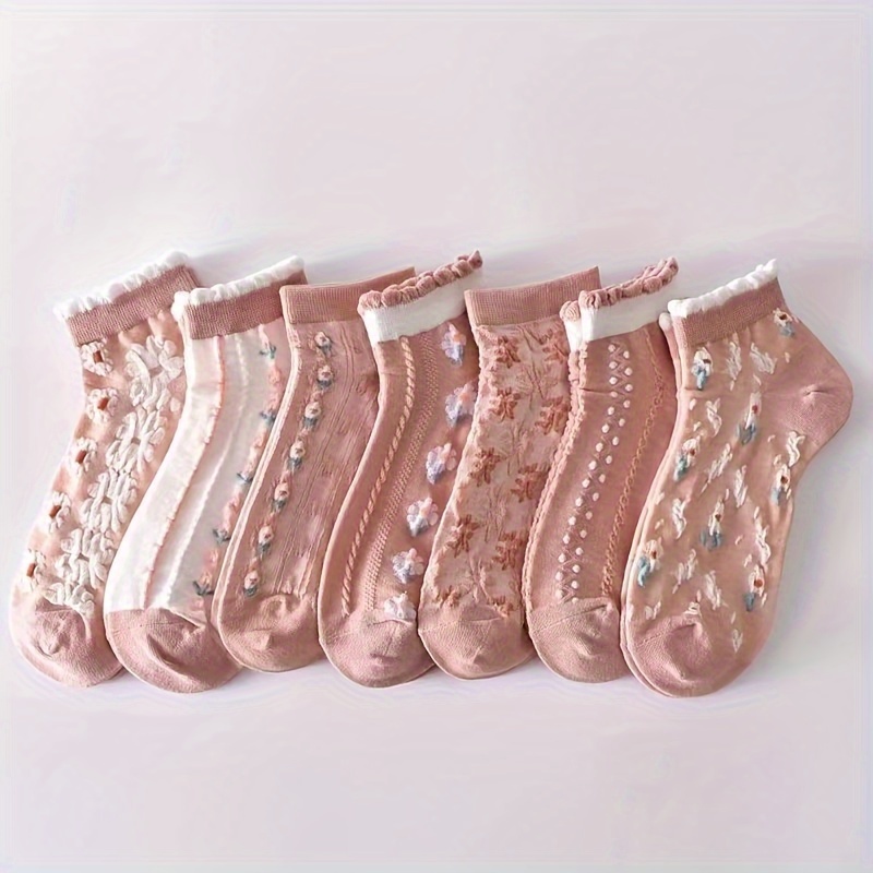 

7 Pairs Floral Pattern Socks, Sweet & Cute Short Socks, Women's Stockings & Hosiery