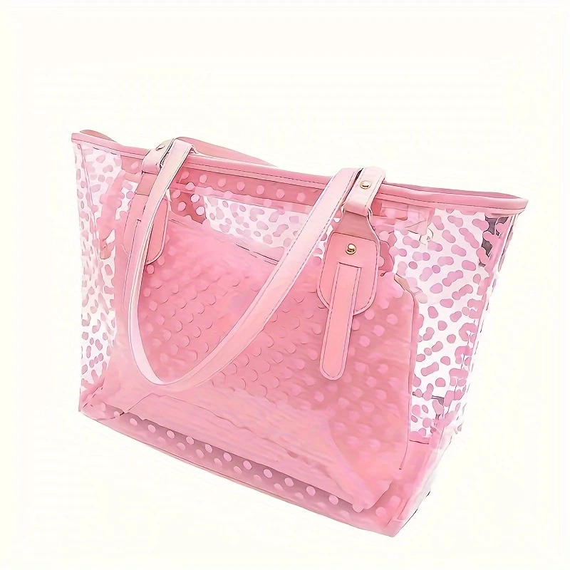 2 piece transparent pvc transparent beach bag clear shoulder bag with inner pocket dot pattern handbag white details 5