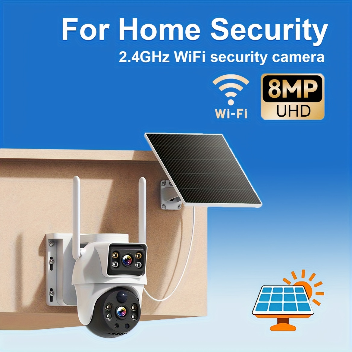 TEMU 8mp Outdoor Wifi Solar Dual Lens Camera, Motion Detection, 2 Way Audio, Night Vision, Alarm Push, Support 2.4ghz Network