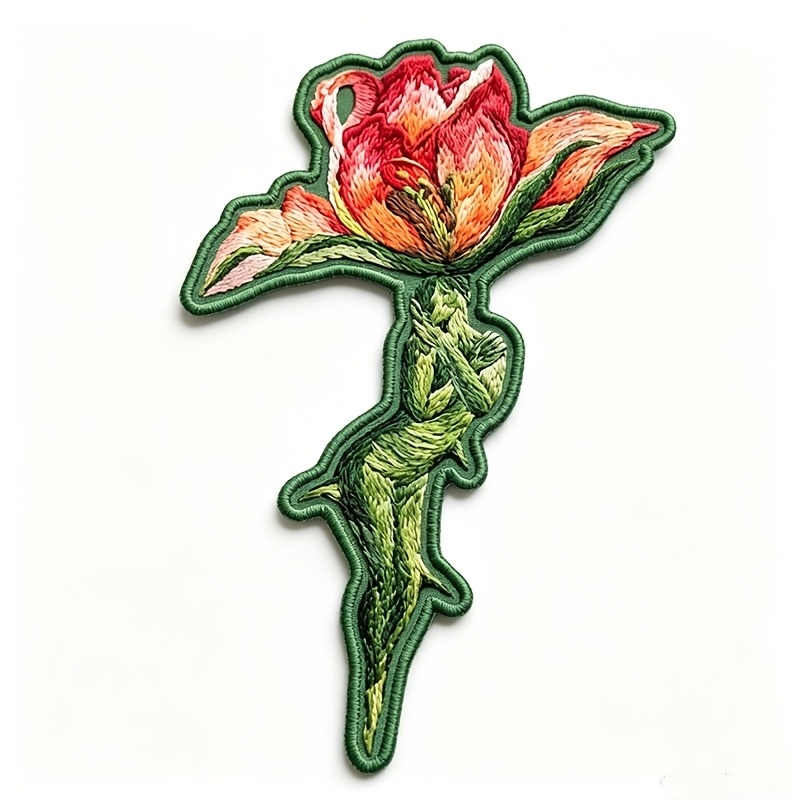 TEMU 1 Embroidered Rose Tulip Fabric Patch, Botanical Themed Gift