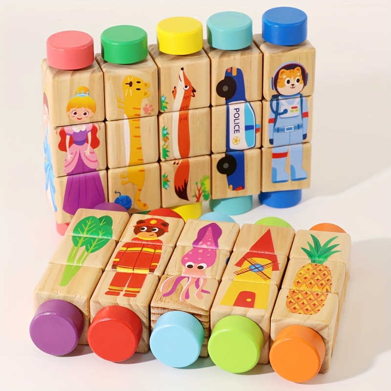 Wooden Animal Rotating Puzzle Blocks for Education