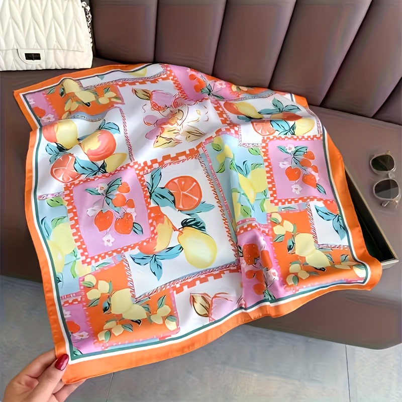 E-shop Damen Bohemian Quadrat-Schal mit Orange-Pink Blumen- Fruchtmuster – Elastisch für verschiedene Größen, warmer atmungsaktiver Schal für Frühling