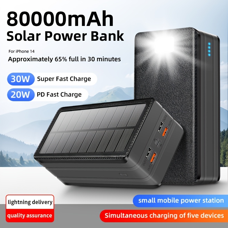 80000mah large capacity solar charger power bank 30w fast charging mobile power 5 outputs and 2   led flashlight sos flashlight warning lights portable charger suitable for outdoor camping and wilderness survival gear Product details 6