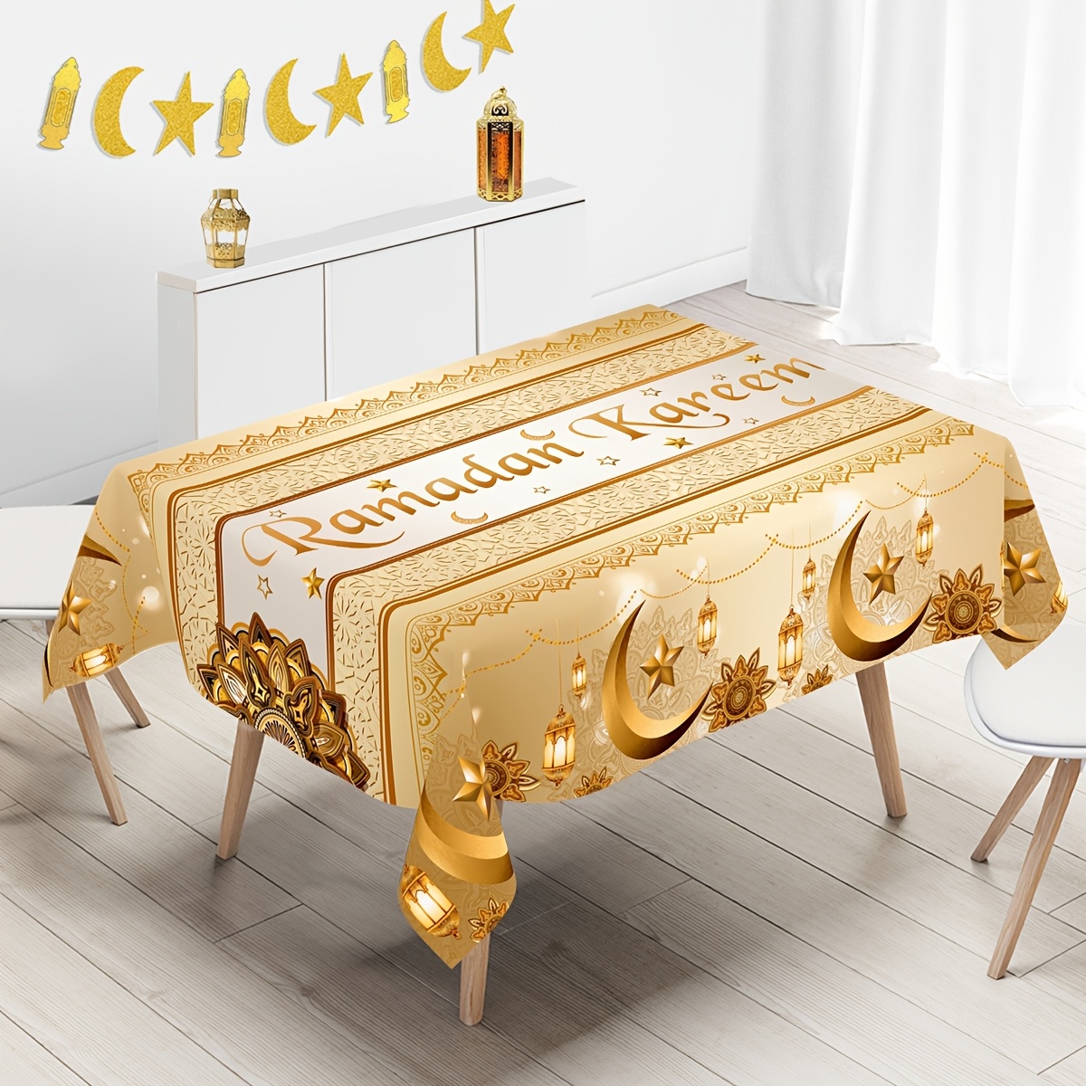 

1pc Golden Polyester Ramadan Tablecloth, 100% Polyester Machine Made, Moon Lantern & , Eid Table Cover For Home Kitchen Dining Decor, Party Supplies For Eid Al-fitr & Eid Al Celebrations