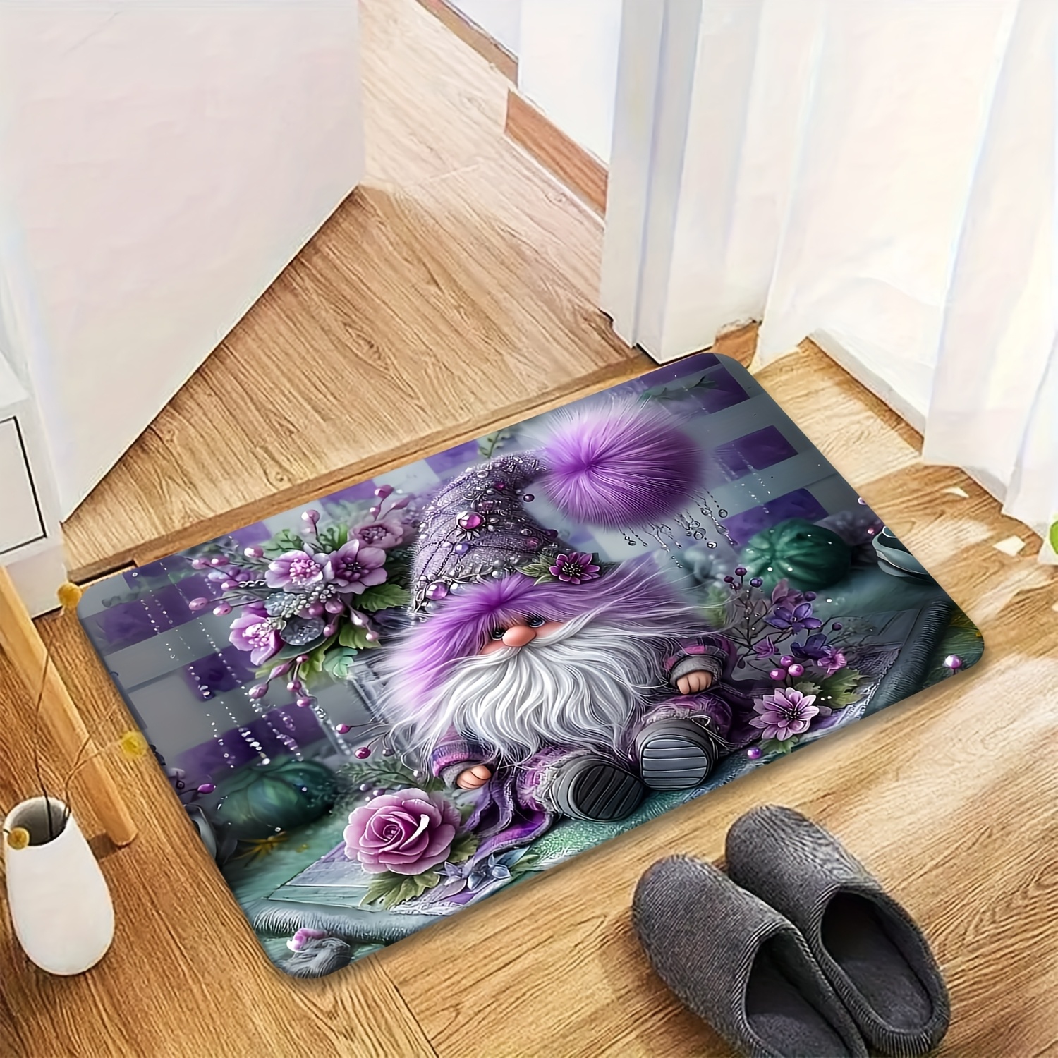 TEMU 1pc Soft Flannel Non-slip Mat Creative Gnome Purple Floral Pattern Door Mat Suitable For Laundry Room Decor, Kitchen Floor Mat, Washable