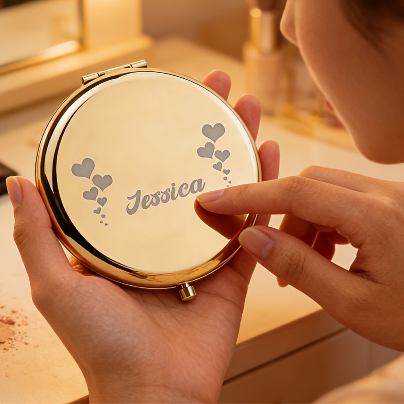 TEMU 1pc Personalized Compact Mirror With Custom Name And Balloon Pattern, Metal Folding Makeup Mirror, Suitable As A Gift For Birthdays And