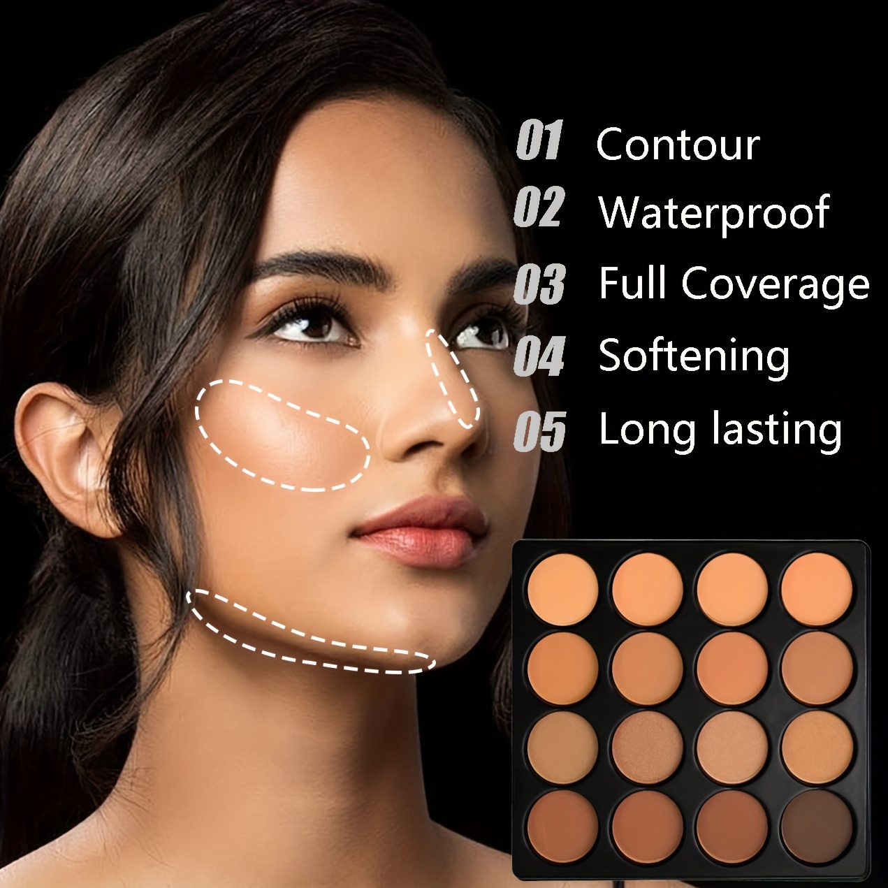 Dark Skin 16 - Color Powder Compact Palette, 12 Color Contour & 4 Color Highlighter Powder Palette, Full Coverage Matte Natural Long Lasting Face Cosmetics.