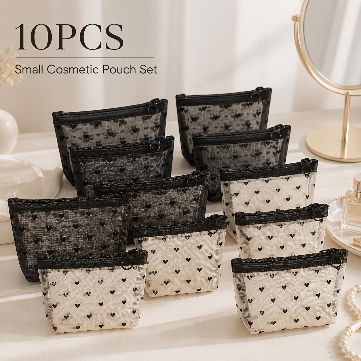 TEMU Set Of 10 Cute Small Makeup Storage Bags With Heart Print, Fine Mesh Mini Cosmetic Pouches With Clear Breathable Zipper, Black And Heart Pattern