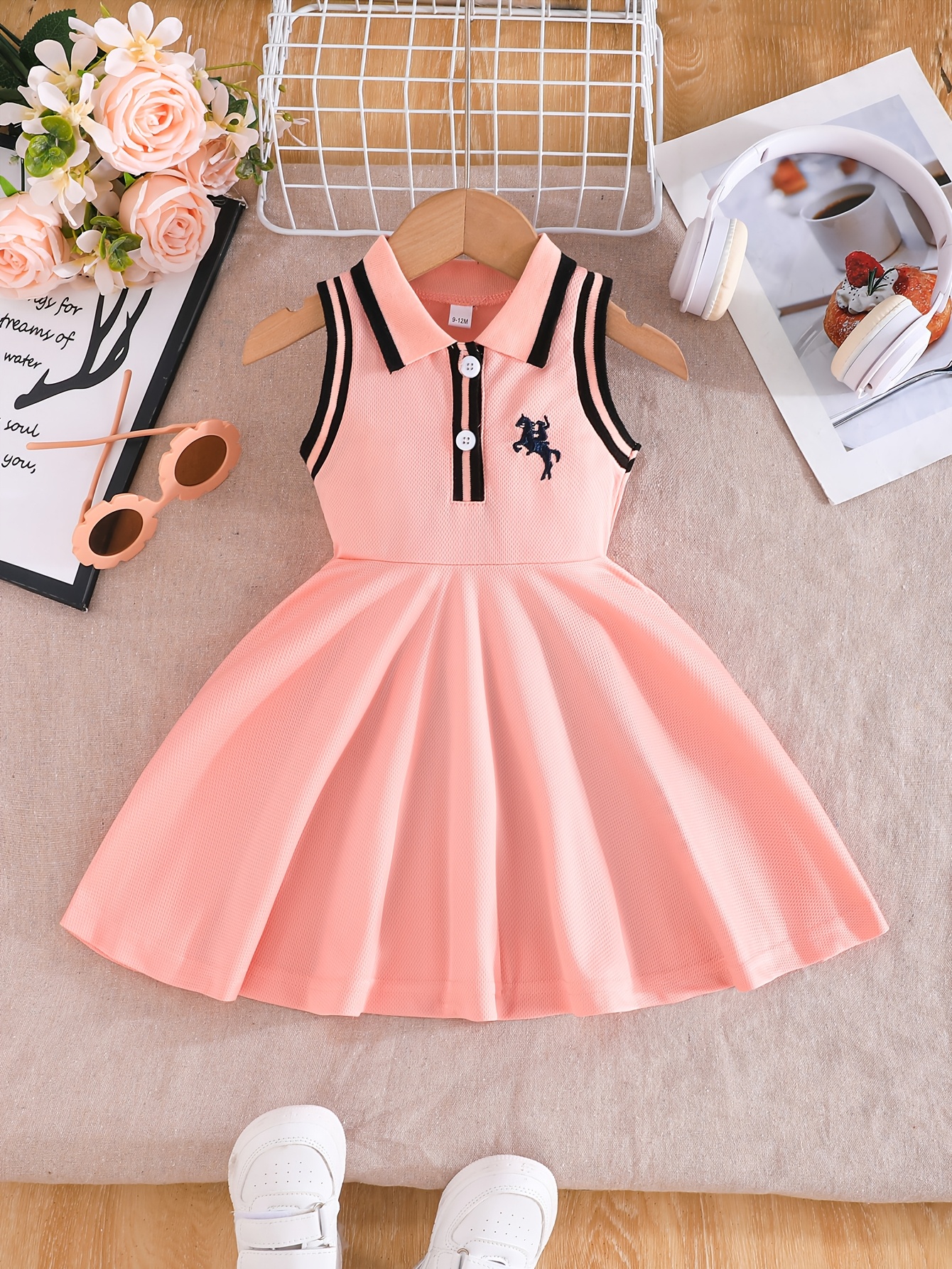 Toddler Sleeveless A-Line Dress - Vibrant Green with Black & White Striped Design, Button-Up Collar, Perfect for Summer Outdoor Activities, Youngsters' Fashion, Casual Wear|Sporty Style|Strapless Design, Youngsters Dress