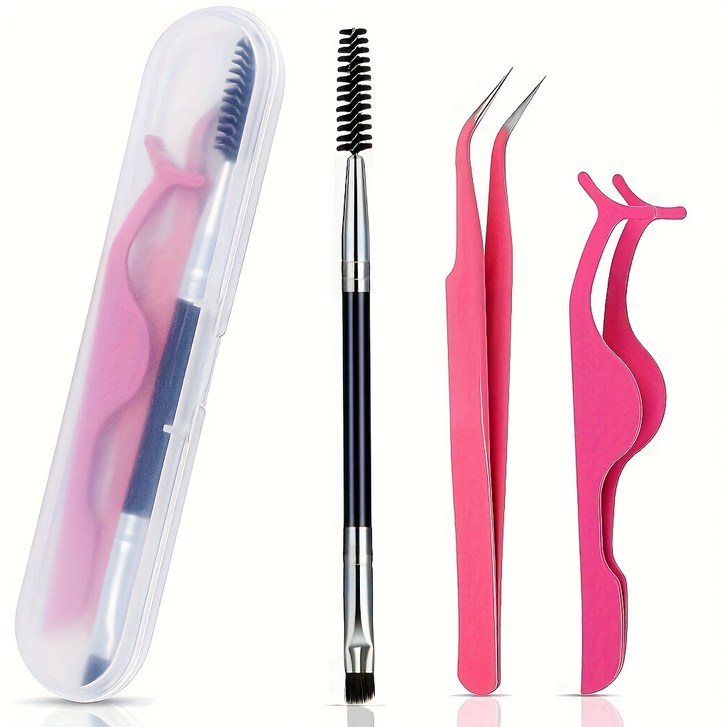 TEMU 3pcs Set Curved Nib Eyelash Tweezers Kit - Eyelash Curlers With Extendable And Adjustable Curler, Soft Bristle Brush For Lash Definition And - ,