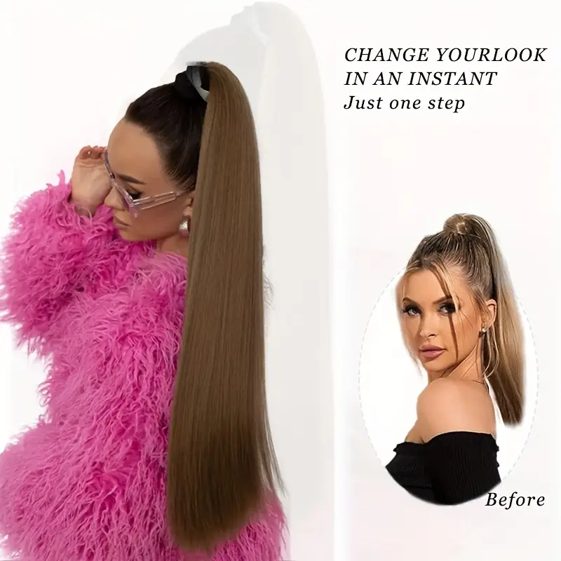 55.88cm long straight synthetic clip-in ponytail extension for women - soft rubber band, natural look, easy to style, everyday or special occasions, ponytail hair extensions details 4