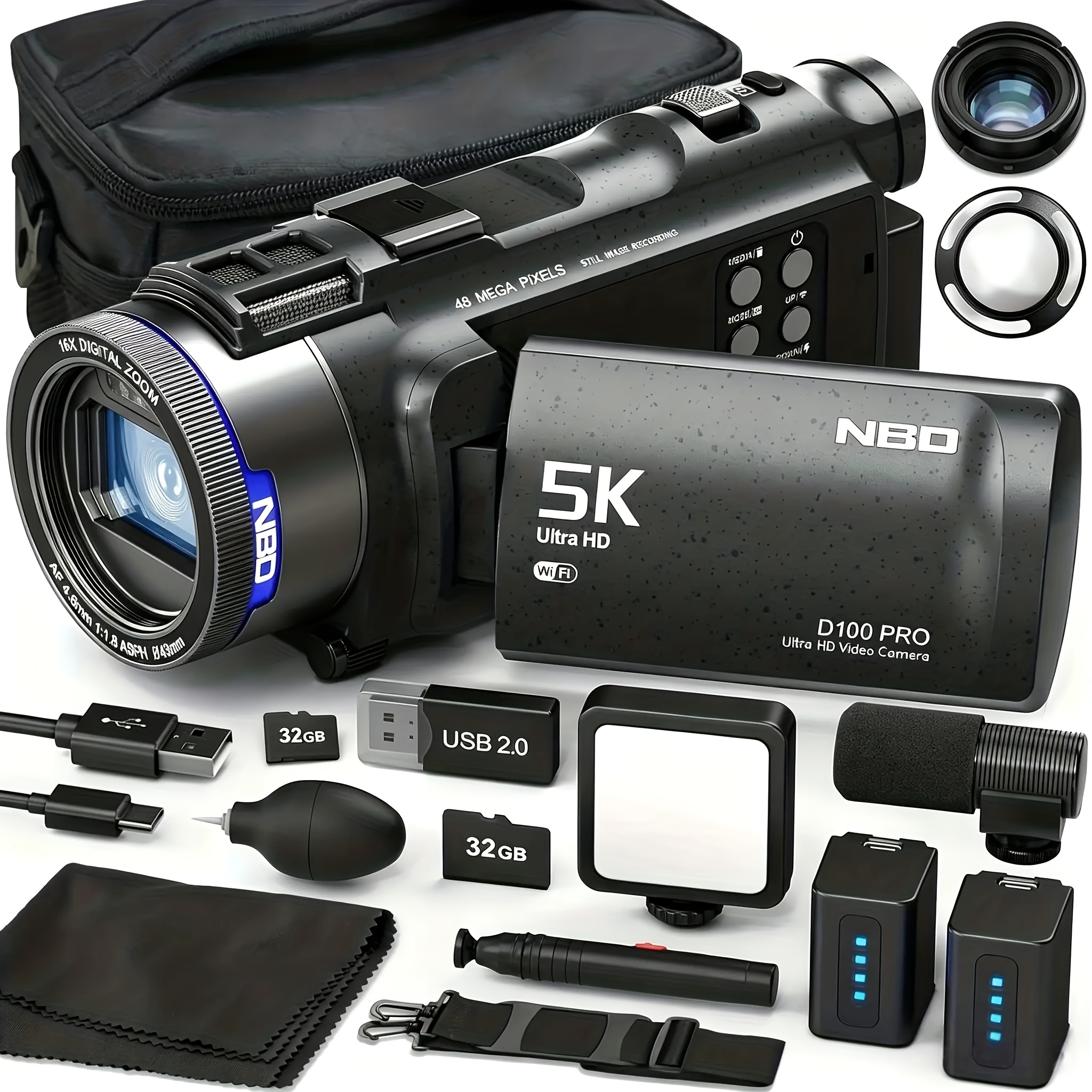 TEMU Nbd True 5k Video Camera Camcorder 48mp - Wifi, 16x Digital Zoom , With 3" 270° Ips Screen, 32gb Card, 2 Batteries & Mic, Vlogging Camera For