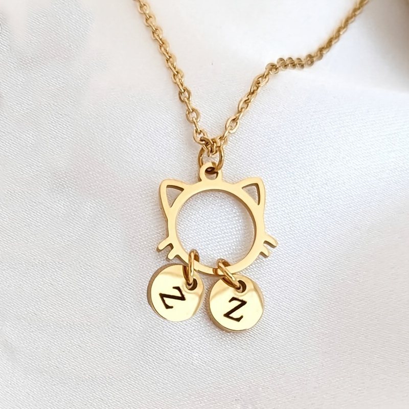 Personalized Cat Pendant Necklace with Initials, 18K Gold Plated
