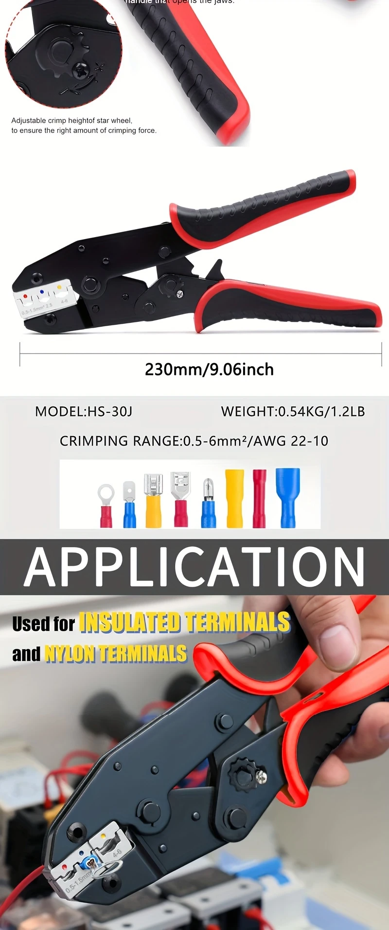 heavy duty ratchet insulated electrical connector crimping tool high carbon black handle with multiple color cables professional electricians crimper for awg 22 10 electrical crimping tool details 2