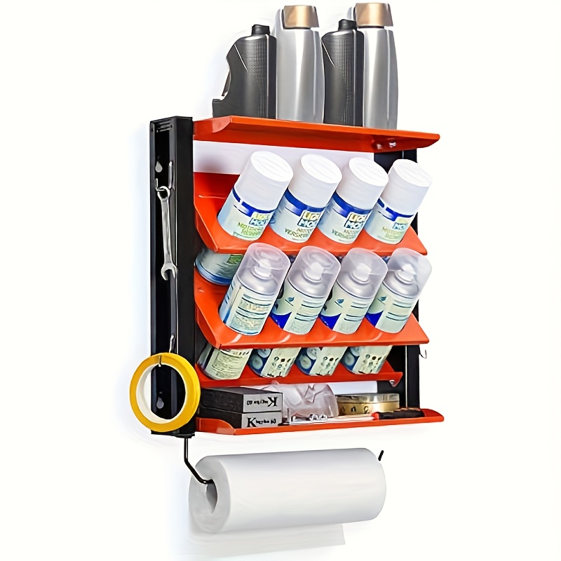 TEMU Heavy-duty Steel Garage, Workshop, Kitchen Organizer - Wall Mounted Spray Tank & Paper Towel Rack With 8 Spray Tank Slots, Double Shelves, Tool