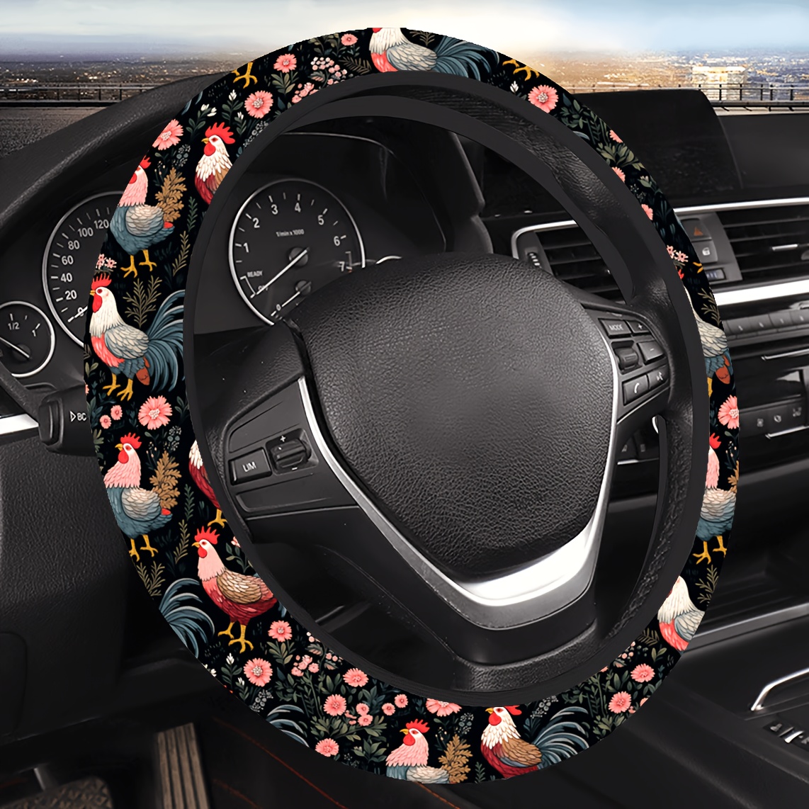 TEMU 1pc Floral Rooster Themed Steering Wheel Cover, Durable And Stylish Design, Suitable For Cars, Suvs, And Trucks, Unisex Car Interior Accessory,