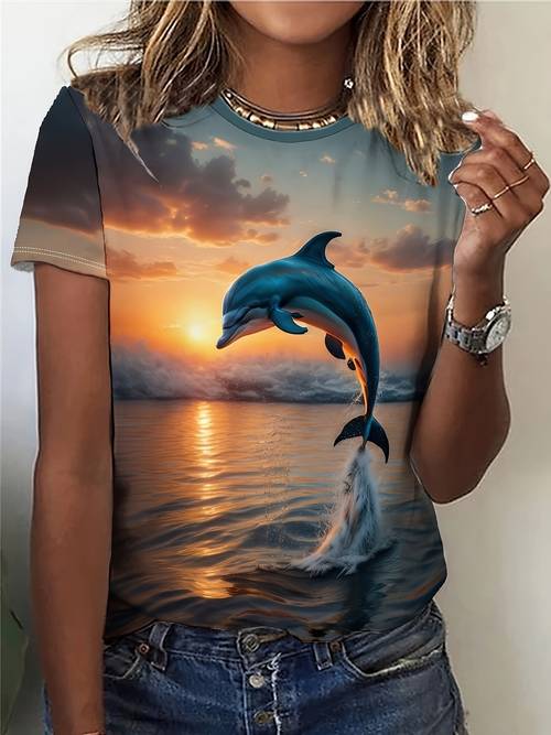 damens casual kurzarm-t-shirt mit lebendigem -sonnenuntergang-ozean-druck - weiches stretch-rundhals-oberteil, maschinenwaschbar für frühling sommer herbst, saisonale mode, bequeme kleidung, stretch-stoffhemd
