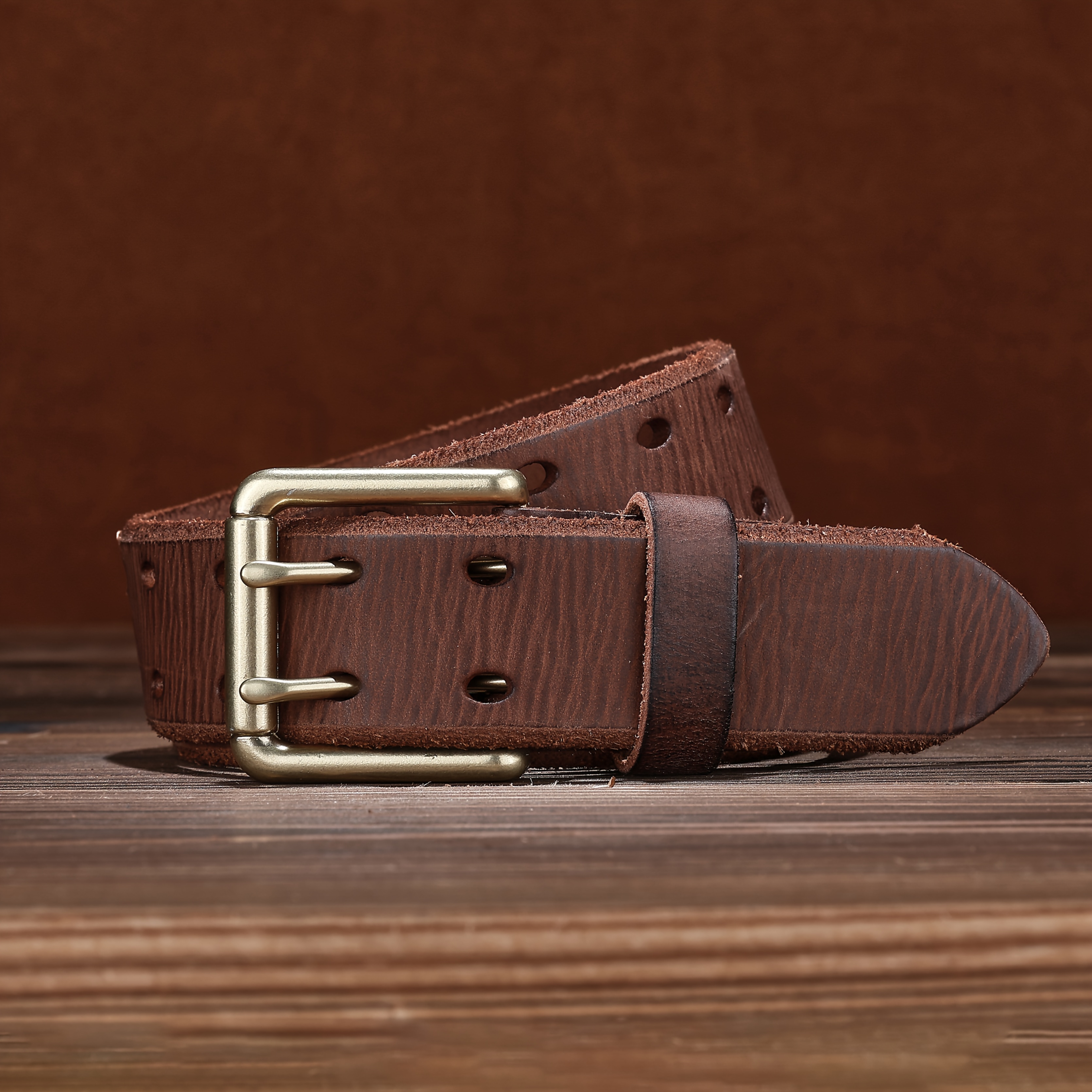 Vintage Distressed Texture Leather Belt with Double-Needle Buckle