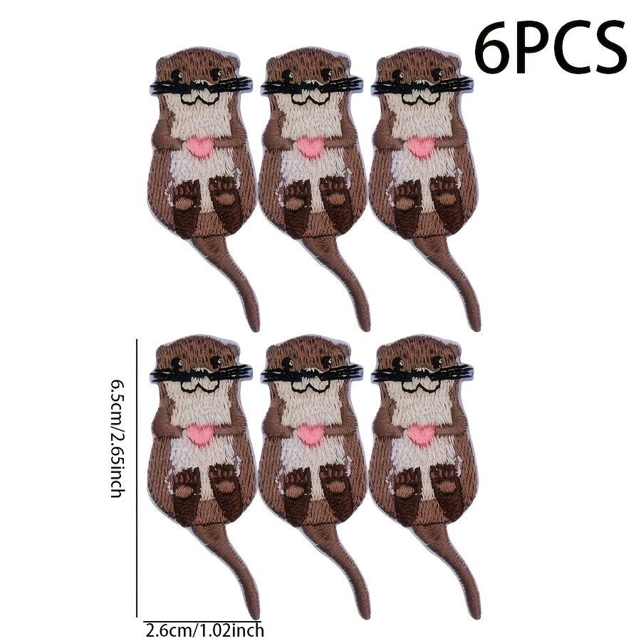 Image of 6pcs, Cute Otter Heat-transfer Patches - Heart And Leaf Designs, Easy To Sew, Perfect For Diy Jackets, T-shirts, Bags, And Hats - Adorable Otter Accessories For Unique Outfits