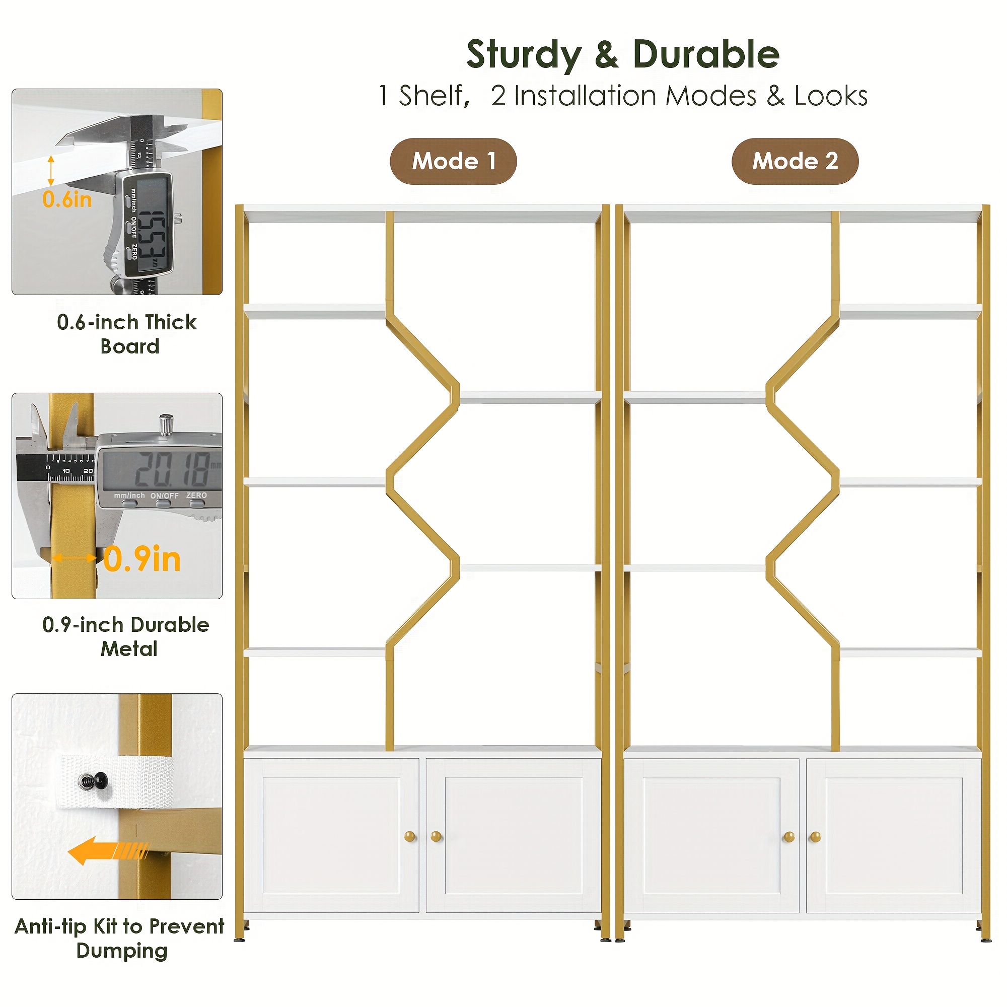 76'' Tall Industrial Bookshelf with Doors, Display Large Bookcase With Storage and Organization Cabinet, Unique Geometric Metal Frame Design, Sturdy Wooden Shelves, Organizer for Library, Living Room, Bedroom, Office, White and Golden/Brown and Black