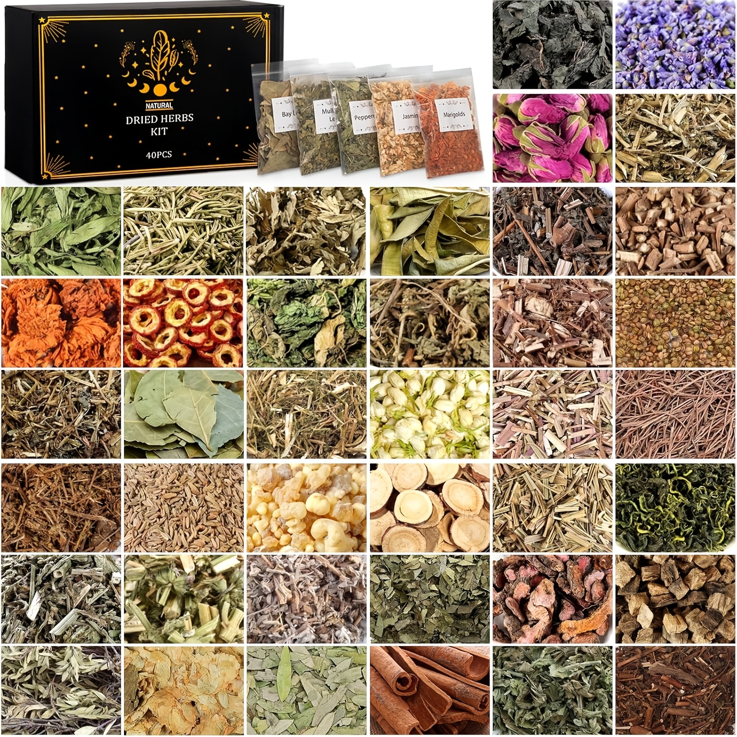 Image of 40 Varieties Dried Botanical Herbs Kit, 40 Individual Packs Of Dried Flowers, Leaves, And Bark For Crafts, , Sachet Making, Candles, Soap, Resin Art And Home Decor