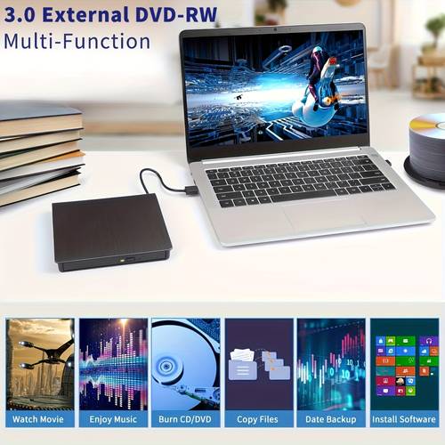 imagem do item unidade de dvd externa portátil usb 3.0 tipo- & play transferência rápida de dados para laptop, desktop, pc windows, , , ios - de cd/dvd em e , dispositivo multimídia | aparência profissional | velocidade, de dvd portátil
