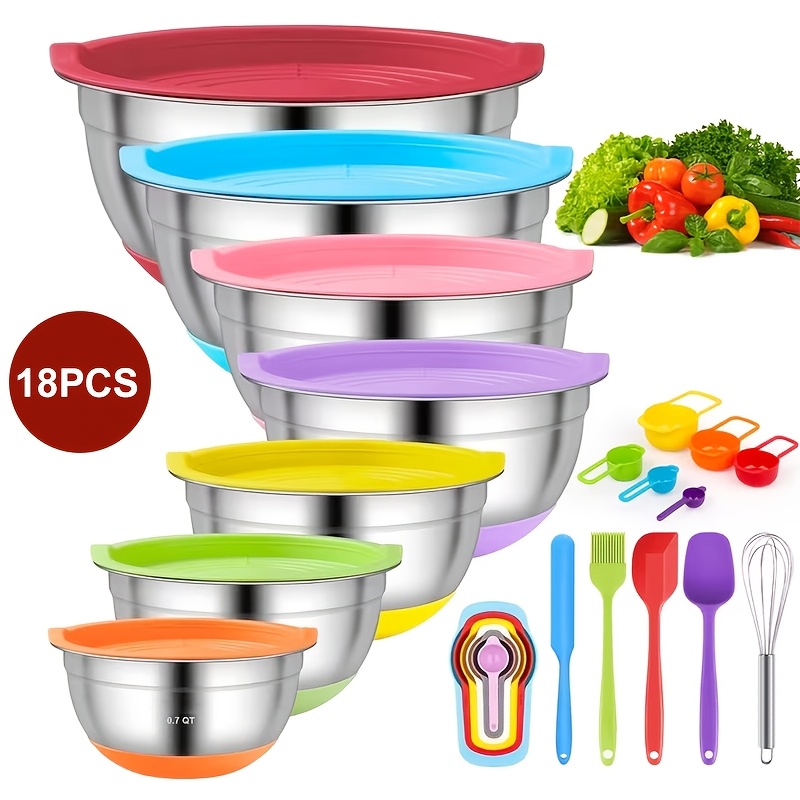 TEMU 18pcs Sealed Lid Mixing Bowl, 304 Stainless Steel Metal Set Bowl, Anti Slip Colored Silicone Bottom, Sizes 4.5, 3.6, 2.7, 2.1, 1.7, 1.1, 0.7qt,
