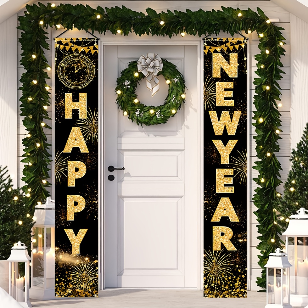 

2pcs Happy New Year Banners, 71x12 Inch - Polyester, Glittery Golden & With Fireworks Motif For Indoor/outdoor Use, Home & Party Decor