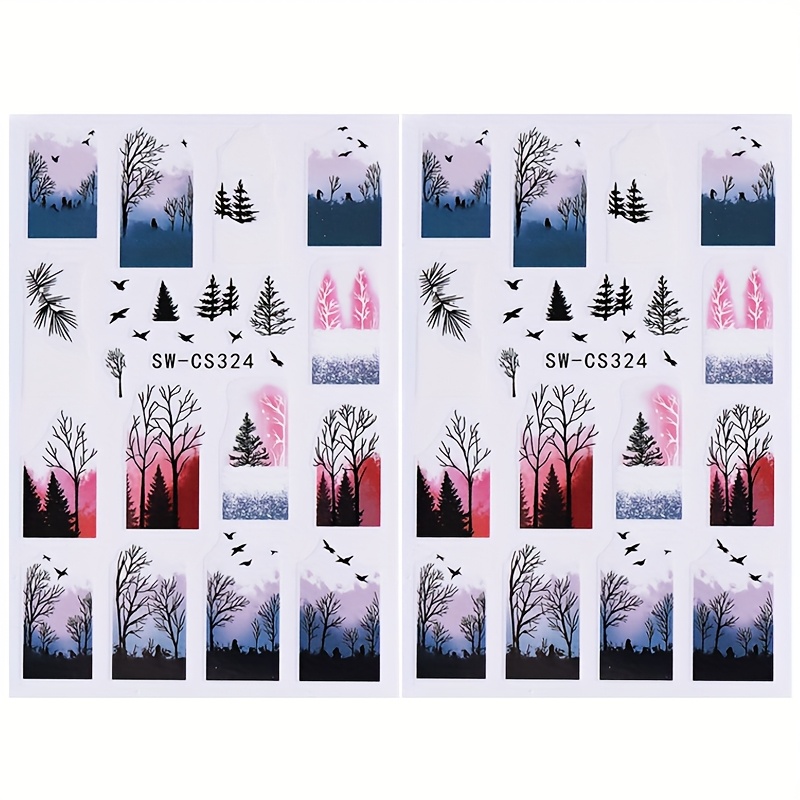 2 Nail Stickers Featuring Winter Scenery With Trees And Birds, Self-adhesive Nail Decals For Nail Art, Perfect For Salon-style Nail Decoration