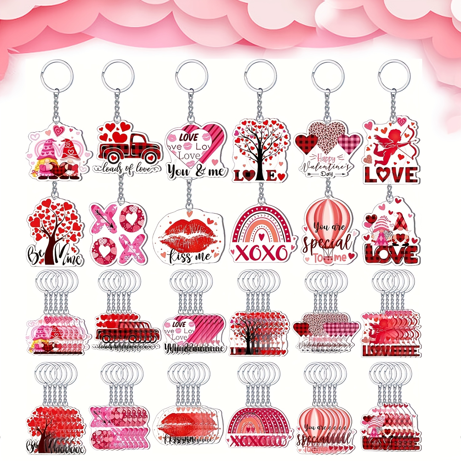 

60pcs Cshwjkj Valentine's Day Acrylic Keychain Set - Romantic Designs With "love" & Heart , Includes Keyring & - Ideal For & Gift Wrapping Accessories, Valentines Decorations