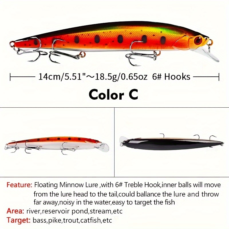 TEMU 1pc Realistic Minnow Artificial Hard Bait - Floating Design With #6 Treble Hooks, 14cm (5.51") Length & 18.5g Weight, Lifelike Wobbler Fishing