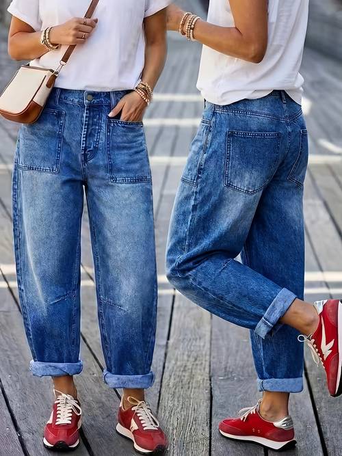 womens 2026 new stretchy relaxed wide leg cropped blue jeans washed ladies clothing straight leg loose casual pants with pockets fun boyfriend pants and wear in comfortable denim trousers