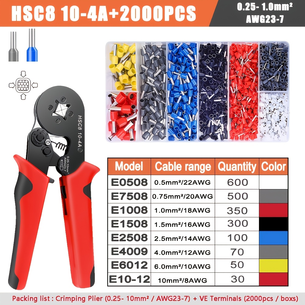 TEMU Pince à sertir HSC8 10-4A avec kit de connecteurs électriques de fils de 300/400/700/800/1200/1250/1300/1900/2000 pièces