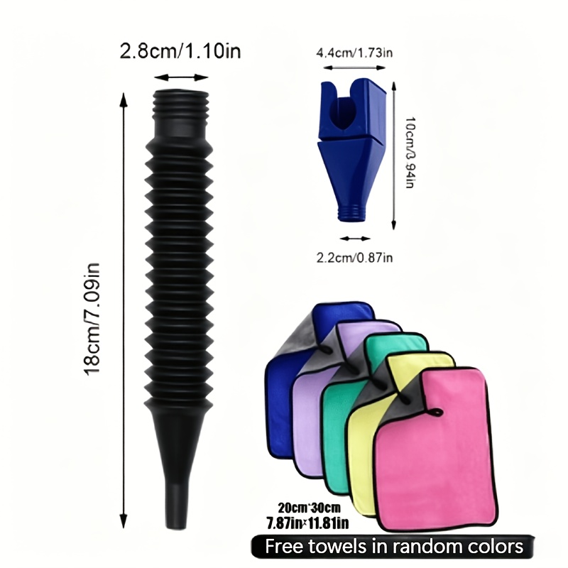 TEMU [2 piezas/Embudo + Toalla] Embudo de aceite telescópico plegable portátil con boquilla de conexión rápida, material ABS duradero, vertido de