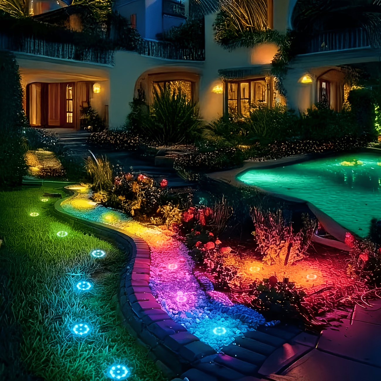 TEMU Solar Ground Lights With 8 Led Beads Colorful Landscape Lights Auto On Off Sensor Pathway Lawn Lights Garden Courtyard Decorative Lights Hours